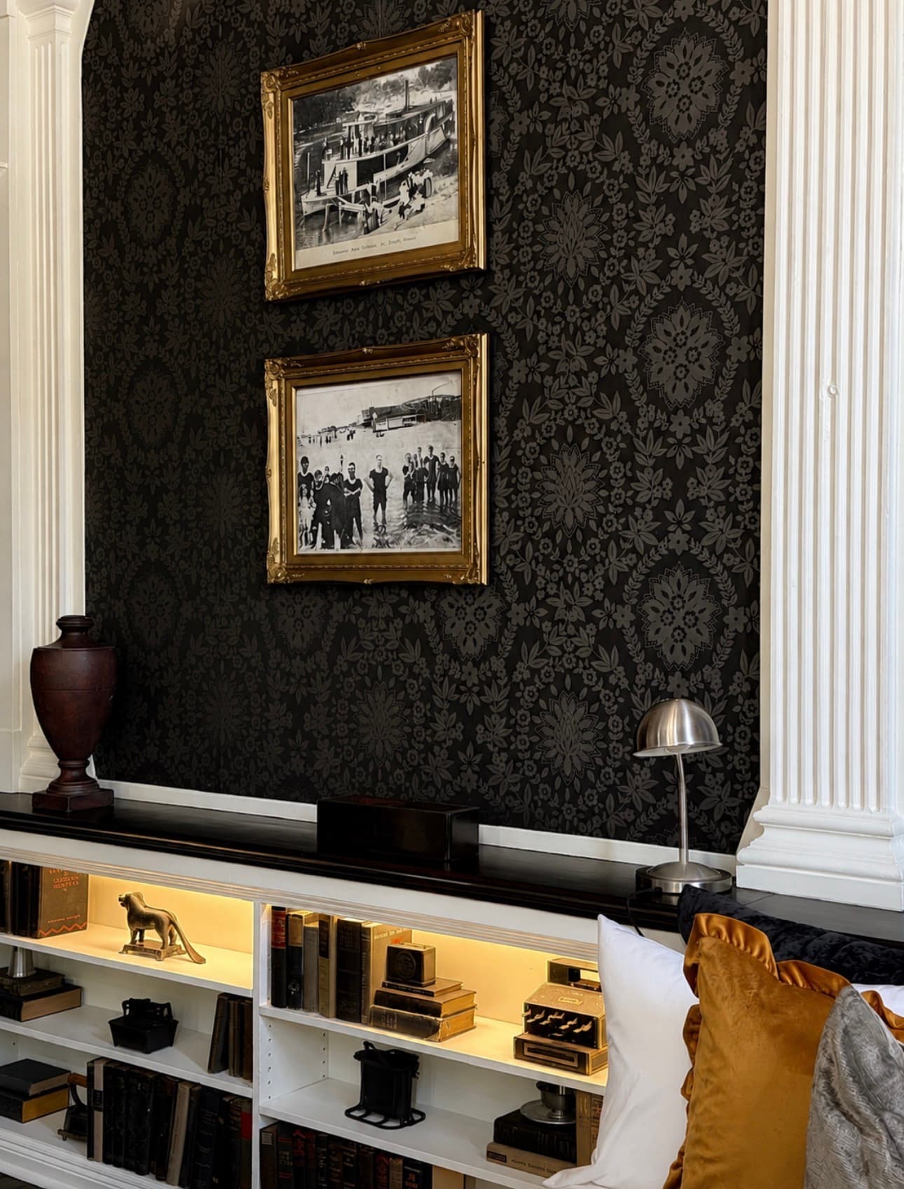 Stacks I hero at The Library Historic Hotel — dramatic black-and-silver queen suite