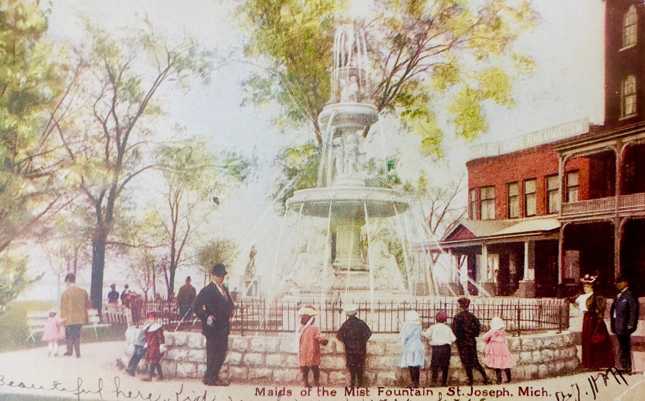 Maids of the Mist Fountain, St. Joseph, Michigan — vintage hand-colored postcard